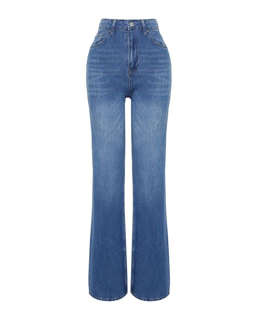 Trendyol Blue Dunkele jeans mit hoher taille und weitem bein