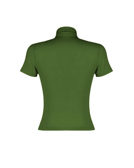 Trendyol Green Dehnbare, Öliggrüne, Kurzärmlige Bluse Mit Drapiertem Detail – Stehkragen, Figurbetont Für Damen