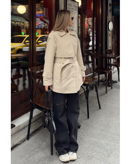 Olcay Black Gefütterter Kurzer Trenchcoat Mit Umhang Und Gürtel-Detail Bej Für Damen