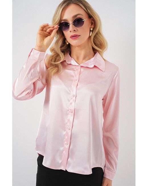 Bigdart Pink 3964 Leicht Fließendes Satinhemd – Für Damen