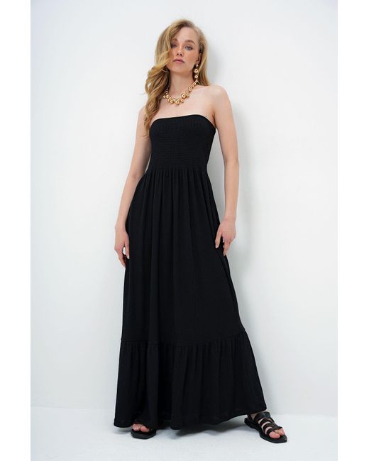 Trend Alaçatı Stili Black Schwarzer Rock Mit Volant, Langes, Trägerloses Sommerkleid Für Damen