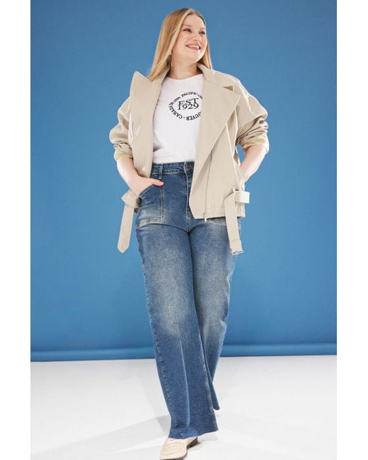 Trendyol White Gabardine Biker Slim Jacke – Übergröße, Mantel Mit Gürtel Für Damen
