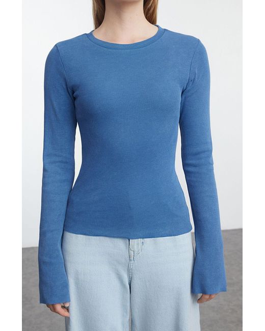 Trendyol Blue Dehnbare Bluse Mit Spanischen Ärmeln Und Kordelzug Antik, Blasser Effekt Twoaw25Bz00159 Für Damen