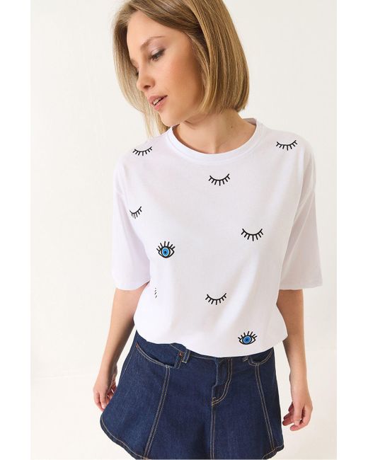 Bianco Lucci White T-Shirt Aus Baumwolle Mit Kurzen Ärmeln Und Augenmuster