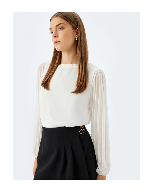 Koton White Langärmlige Tüllbluse Mit Rundhalsausschnitt Für Damen