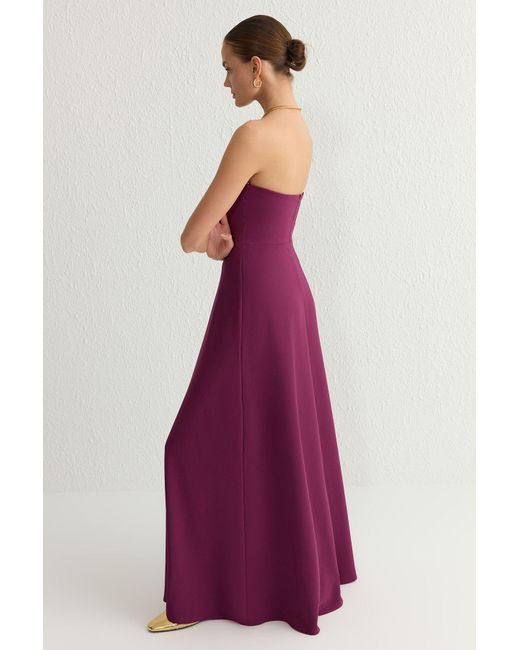 Trendyol Purple Pflaumenfarbenes, Trägerloses, Langes, Stilvolles Abendkleid Mit A-Ausschnitt Und Heimkehrkleid Für Damen