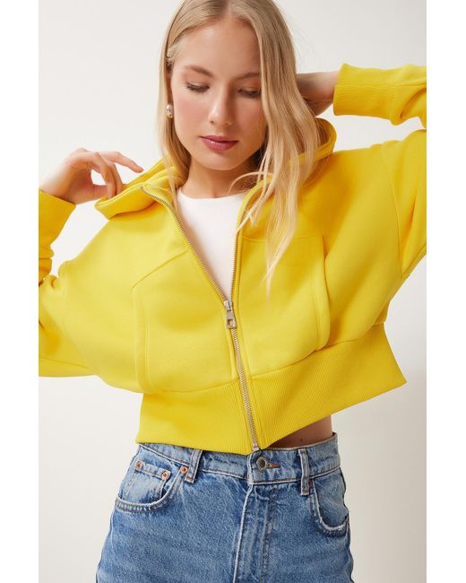 Happiness İstanbul Yellow Gelbes Sweatshirt Mit Kapuze Zipped Für Damen