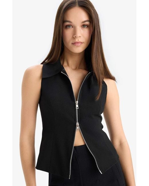 Defacto Black Afra X Ärmelloser Cardigan Mit Polokragen Und Reißverschluss E5969Ax25Sp Für Damen