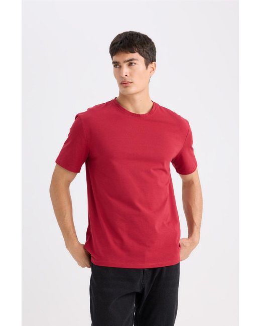 Defacto Neues, Einfarbiges Basic-Kurzarm-T-Shirt Mit Normaler Passform Und Rundhalsausschnitt Für Herren in Red für Herren