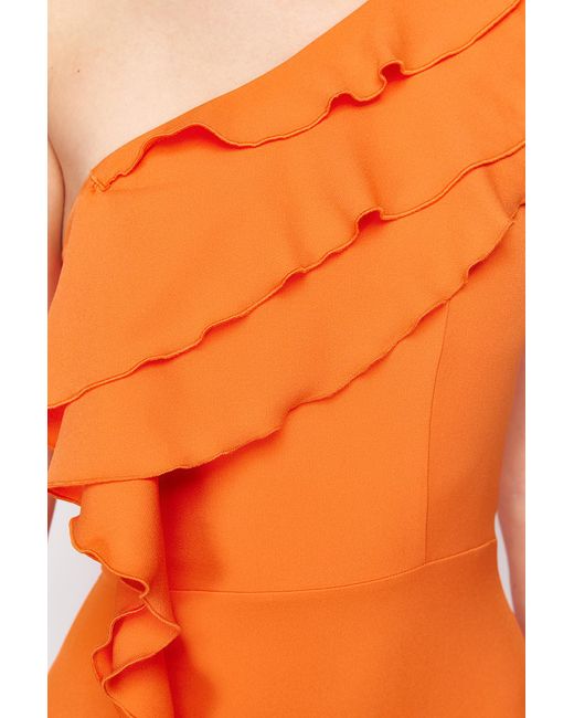 Trendyol Orange Farbenes, langes abendkleid aus gewebtem stoff mit volants und einem ärmel