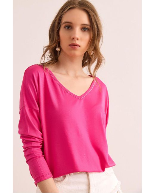 Olalook Pink Bluse Aus Viskose Mit V-Ausschnitt Und Fuchsiafarbenen Nähten