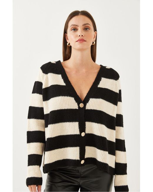 Bianco Lucci Black Gestreifter Strick-Cardigan Mit Drei Knöpfen Für Damen