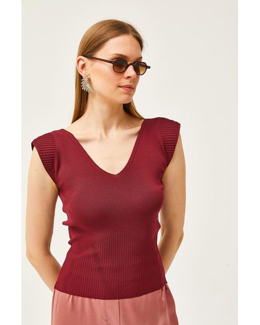 Olalook Red Burgunderfarbene Strickbluse Mit V-Ausschnitt Vorne Und Hinten Für Damen