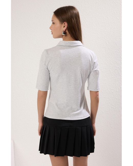 Trendyol White Graue Strickbluse Mit Polokragen – Melange, Dreiviertelärmel, Für Damen