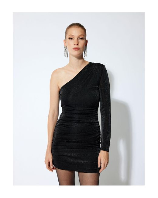 Koton Black One-Shoulder-Abendkleid, Mini-Drapierung, Schmale Passform Mit Glitzerndem Metallic-Effekt Für Damen