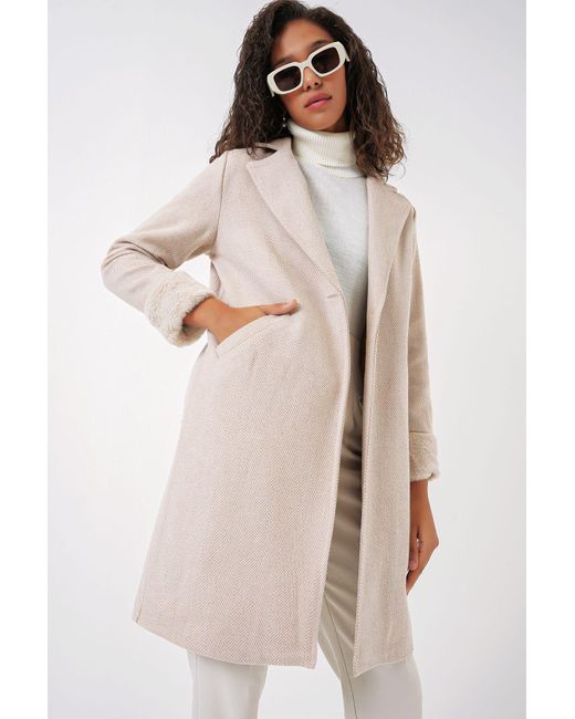 Bigdart Natural 9085 Fischgräten-Kaschmirmantel – M. Creme Für Damen