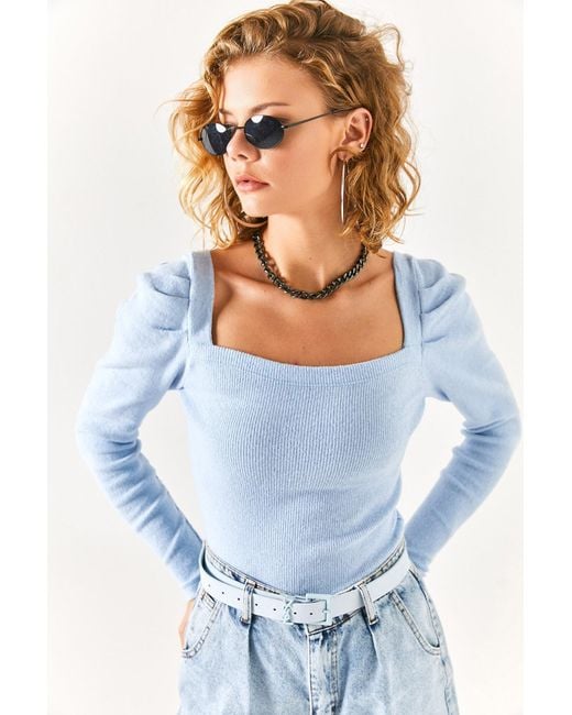 Olalook Blue Babyblaue, Plissierte Schalbluse Mit Quadratischem Kragen Und Ärmeln Für Damen