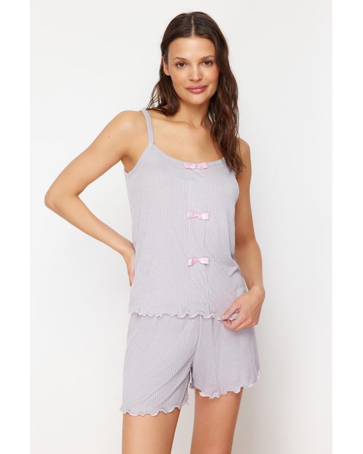 Trendyol White Es pyjama-set aus strick mit kordelzug – kordelriemen, schleifendetail