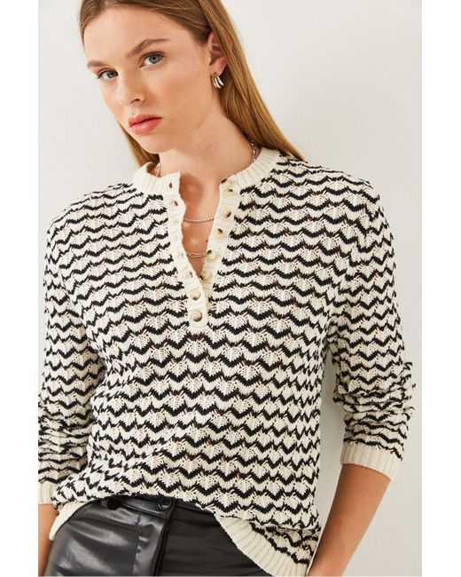 Bianco Lucci Black Gestreifter Strickpullover Mit Knopfleiste Für Damen