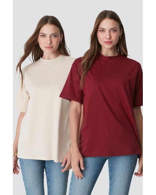 C&City Red Lässiges 2-Teiliges T-Shirt-Set Mit Rundhalsausschnitt Weinrot/ 961 Für Damen