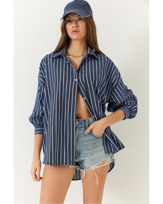 Bianco Lucci Blue Dünn Gestreiftes Oversize--Basic-Shirt 2021 Für Damen
