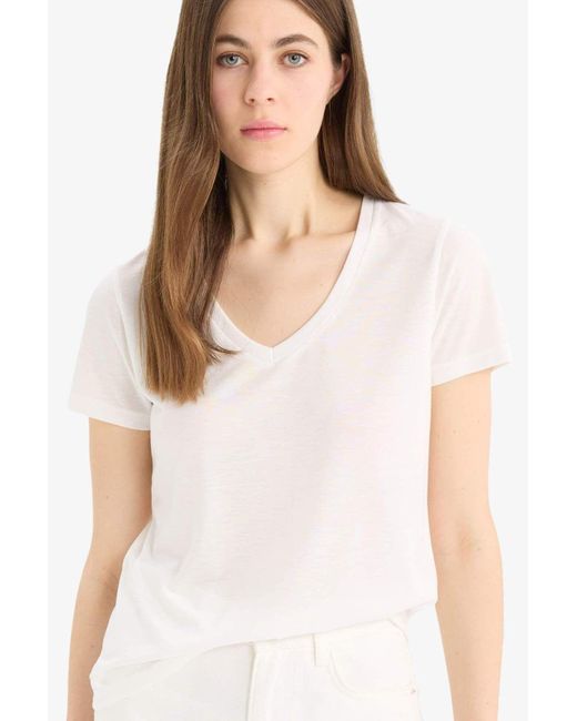 Defacto Pink Normale Passform, V-Ausschnitt, Einfaches, Einfarbiges 2-Teiliges T-Shirt F1015Ax25Sm Für Damen