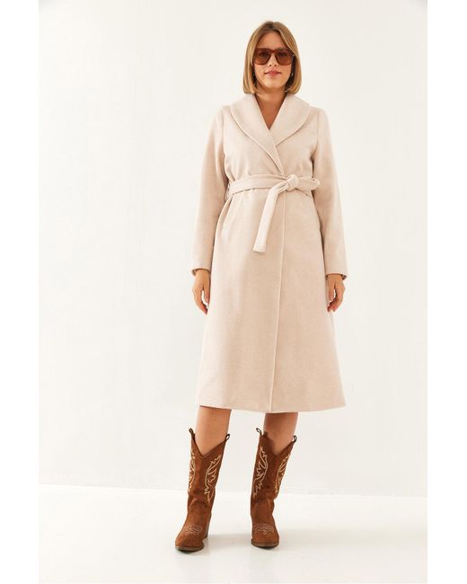 Bianco Lucci Natural Mantel Aus Kaschmir Mit Gürtel – 2353 Für Damen