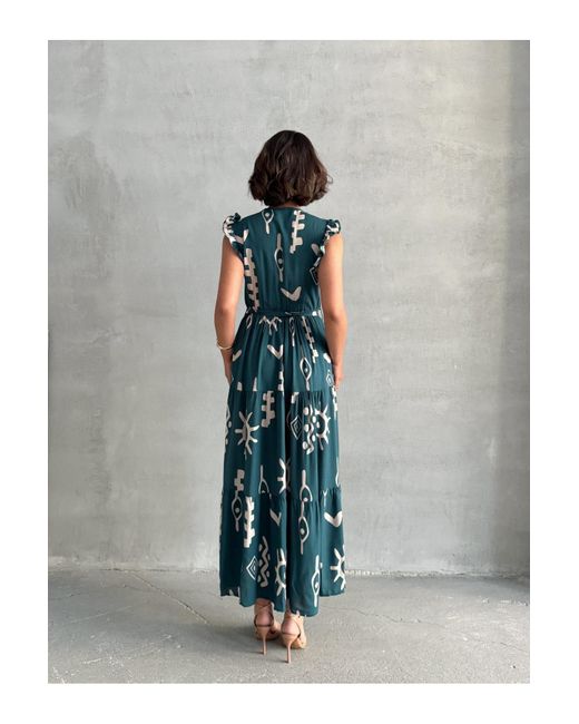BEJNA Blue Grünes, Gewebtes Kleid Mit Fliegenärmeln Und Zweireihigem Ausschnitt Für Damen