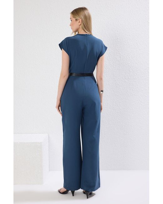 Trendyol Blue Petrolfarbener Maxi-Overall Mit Gürtel Und Zweireihigem Ausschnitt Für Damen