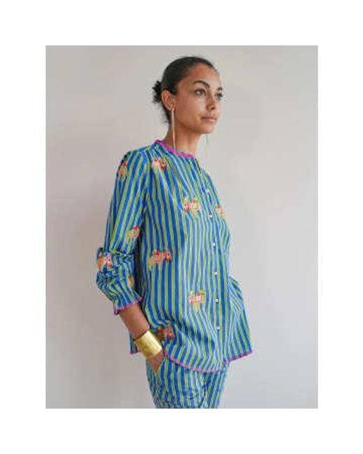 Nimo With Love Blue Columbia Blouse Donkey Embroidery On Stripes Size Xlarge