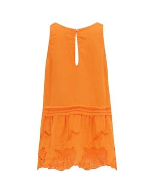 120% Lino Orange Sleeveless Top With Embroidery In Darin 16
