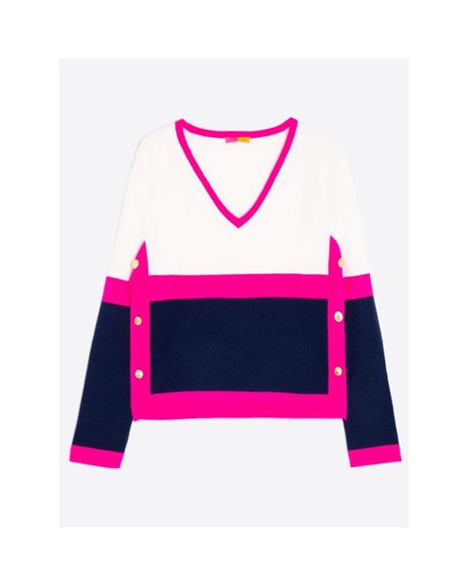 Vilagallo Pink Sweater Colour Block Side Button V Neck & Navy