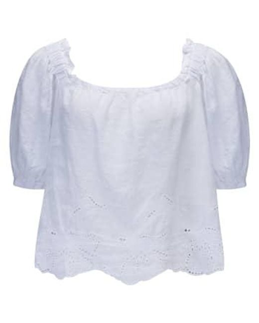 120% Lino Blue Puff Sleeve Top In White 14