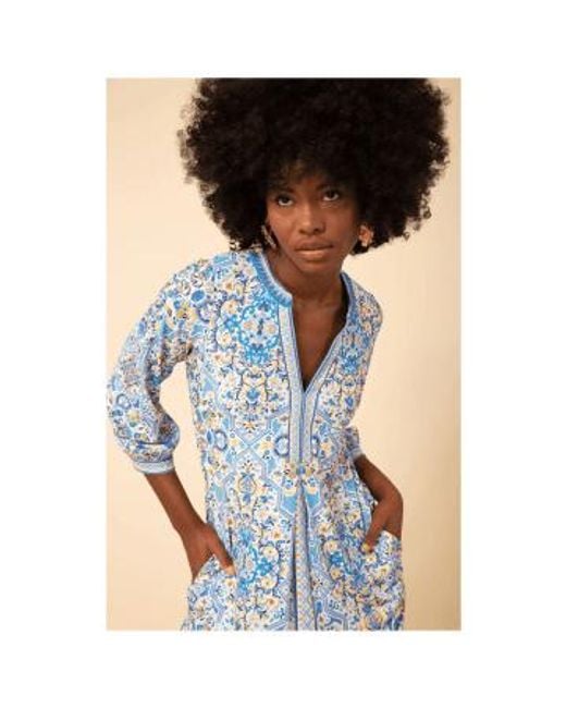 Hale Bob Blue Floral Print Single Pleat Crop Sleeve Short Dress Size: S