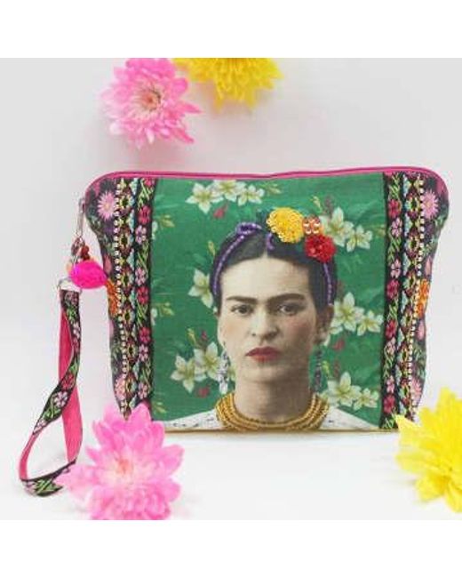 House of Disaster Green Frida Kahlo Embellished Make Up Bag Cotton /black/pink