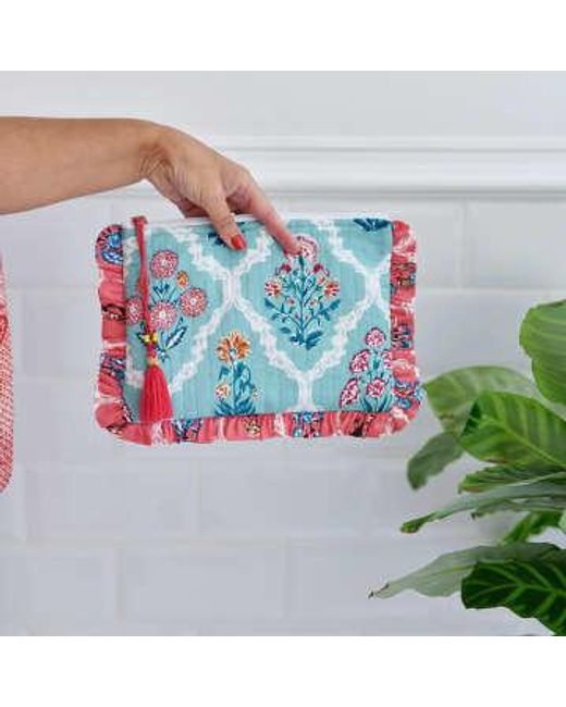 Powell Craft Blue Block Printed Turquoise & Pink Floral Quilted Make Up Bag Cotton
