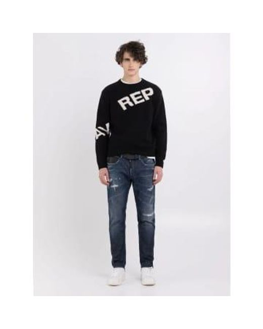 Replay Blue Blend Sweater With Jacquard Logo Black for men