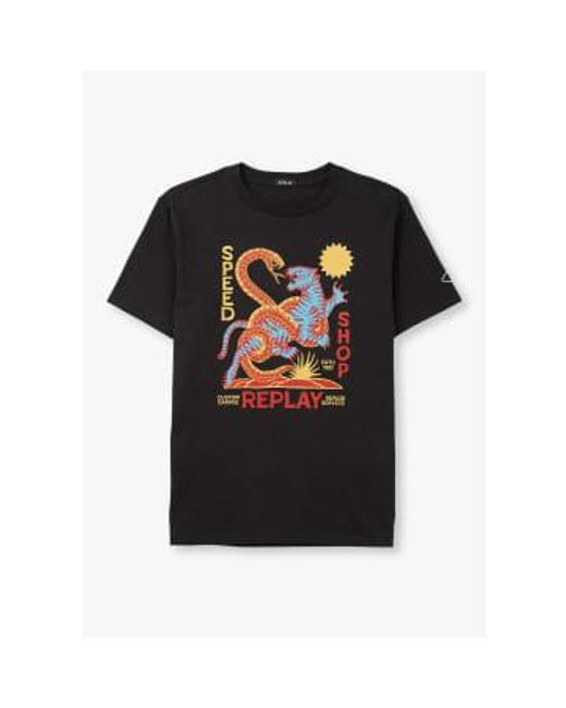 Replay Black S Tiger & Snake Print T-shirt for men