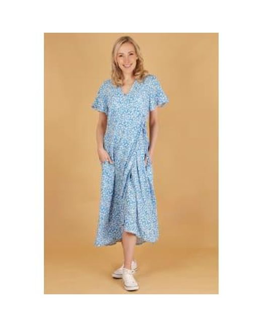 MSH Blue Ditsy Floral Print Short Sleeve Dipped Hem Midi Wrap Dress