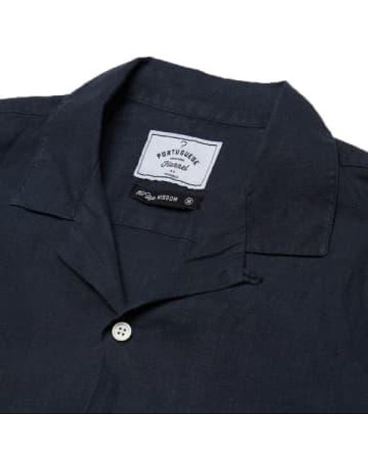 Portuguese Flannel Blue Linen Camp Collar Shirt for men
