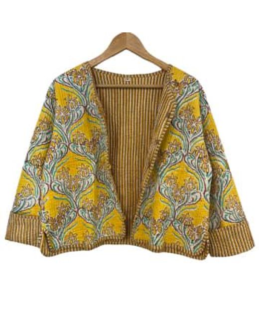 Behotribe  &  Nekewlam Yellow Jacket Cotton Kantha Reversable Block Print Mimosa Extra Large