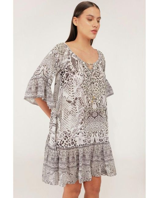 Inoa Gray Scilla Matera Print Tied Ruffle Short Dress Col