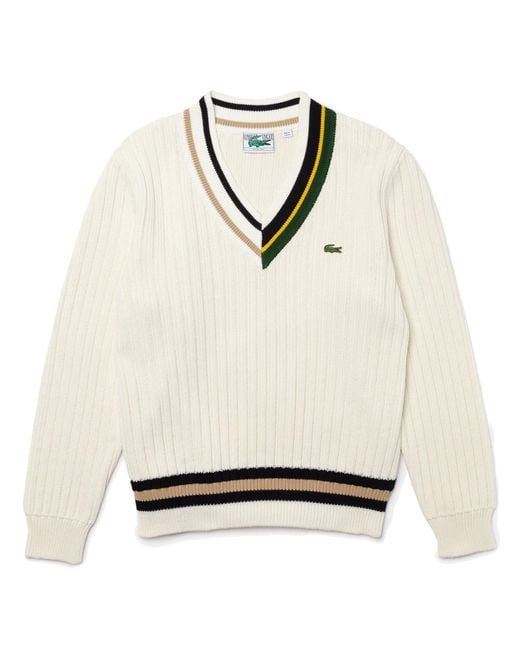 Classic V-neck Coloured Details Ribbed Knit Sweater White Lacoste de hombre