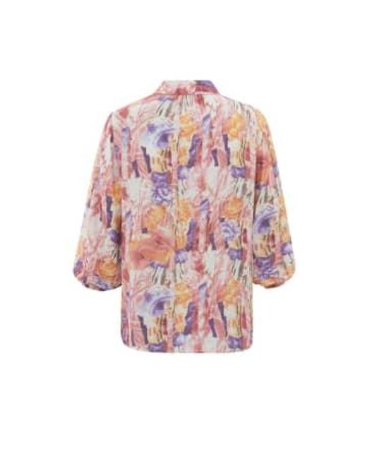 Blouse With Classic Collar And Balloon Sleeves Or Flamingo Plume Dessin di Yaya in Pink