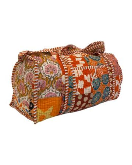 Behotribe  &  Nekewlam Brown Duffle Bag Block Print Tangerine Circles