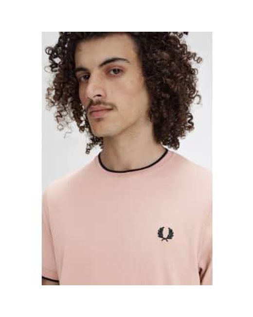 T-shirt à col rond à double liseré Fred Perry pour homme en coloris Pink