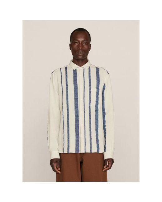 YMC Multicolor Dean Linen Cotton Stripe Shirt — Ecru Indigo for men