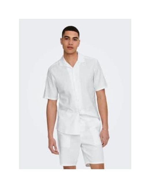 Only & Sons White Resort Linen Short Sleeve Shirt for men