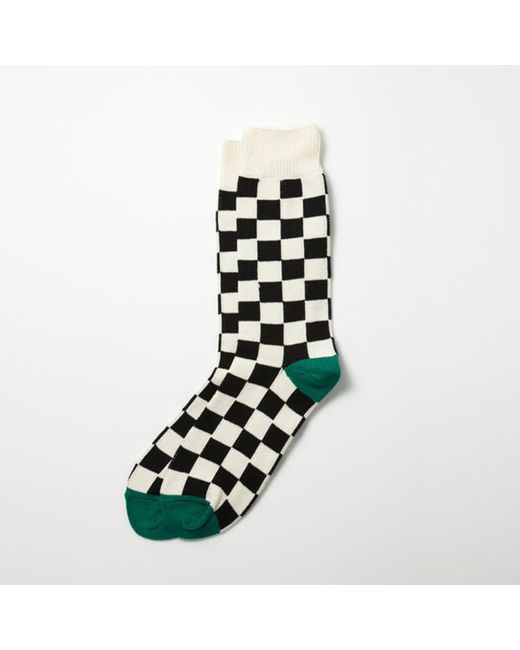RoToTo White Checkerboard Crew Socks Green & Ivory