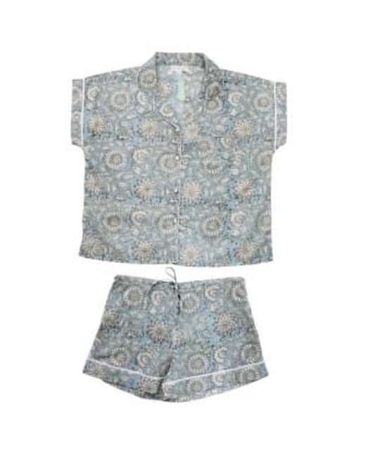 Powell Craft Blue Block Printed Cornflower Cotton Short Pyjama Set